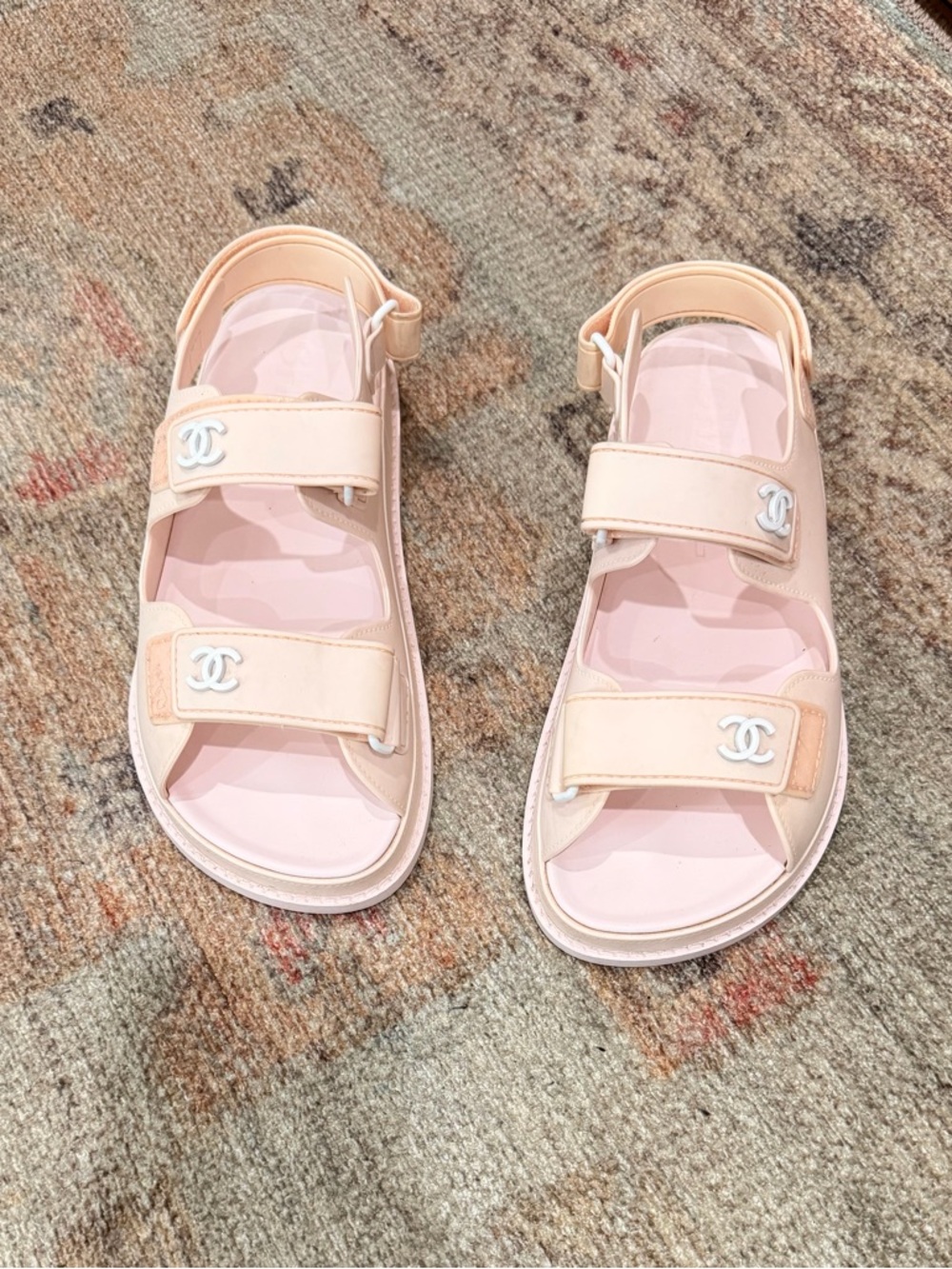 CHANEL Pale Pink-Beige Velcro CC Strap Sandals